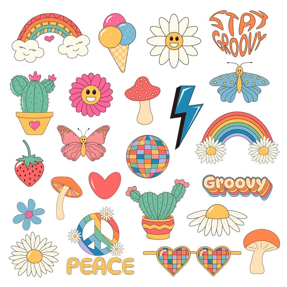 Retro 70s hippie psychedelic groovy elements. 70s floral badges set. vector