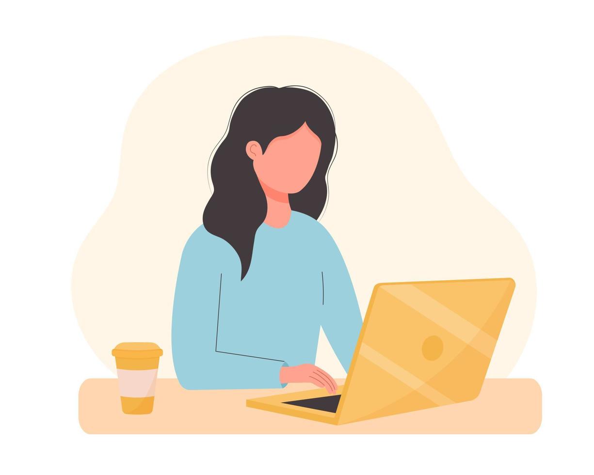 Woman sitting at the desk and using laptop. Office worker, student or freelancer. vector