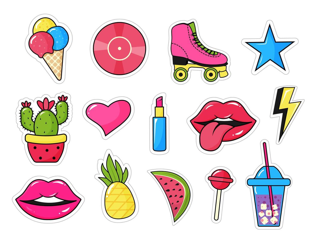 retro popular Arte 80s-90s pegatina manojo. linda retro cómic insignias en popular Arte estilo tal como labios, lápiz labial, patines, cactus, comida y otro. vector