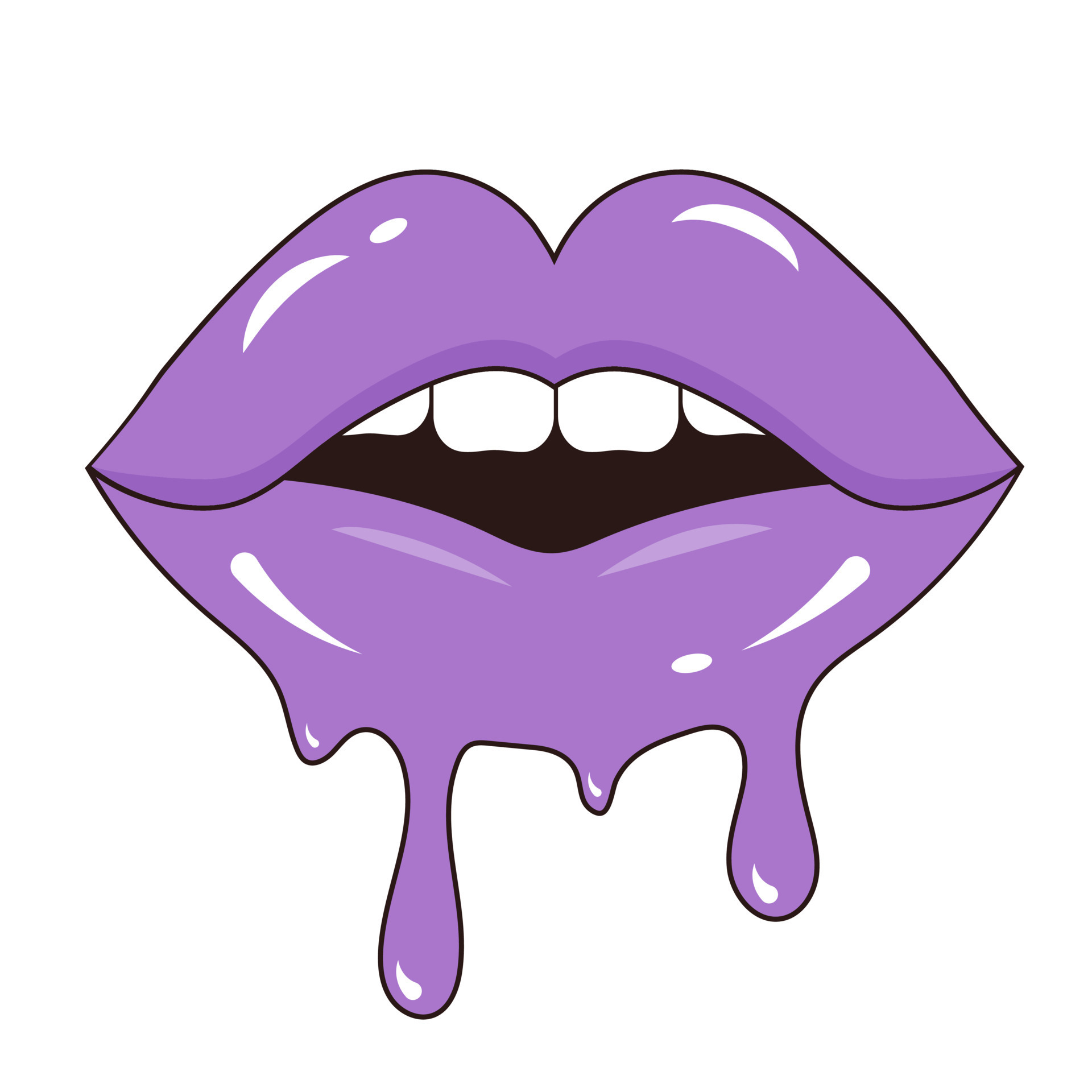 Melting glossy half-opened lips. Mouth with teeth and dripping paint in