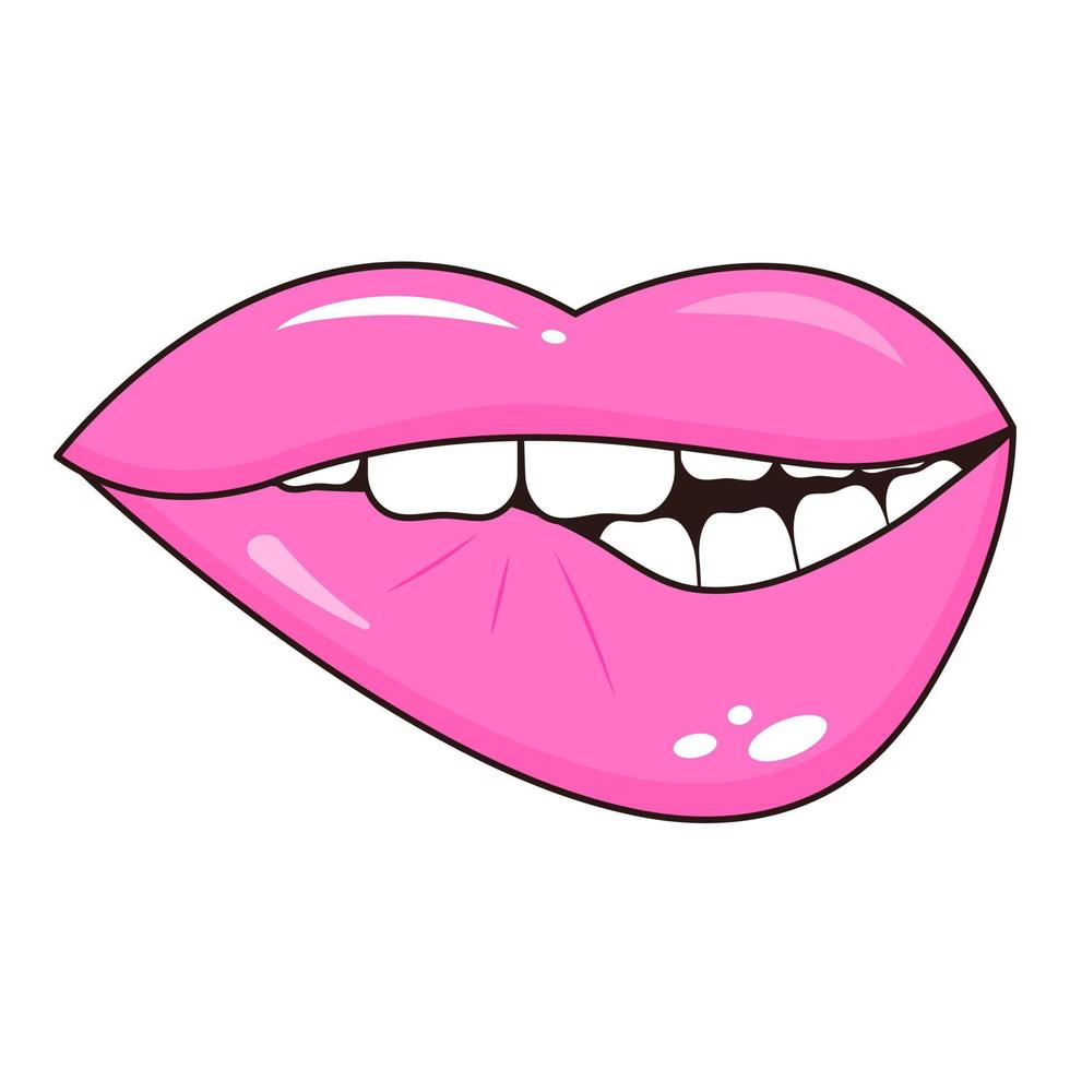 Mouth biting lower lip with teeth in pop art style. Female lips. vector