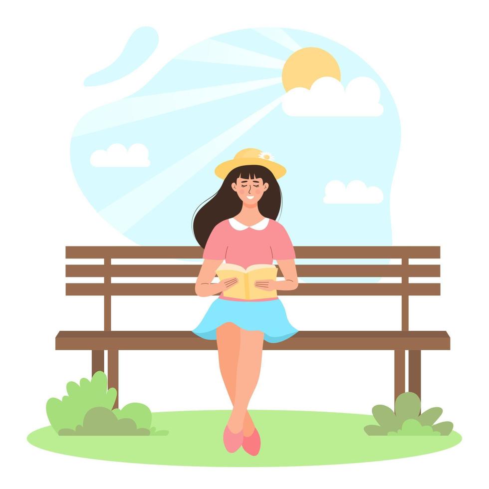 Young woman sitting on the bench in the park and reading a book. Freelance, working, studying, education, healthy lifestyle, hobby, relax concept. vector