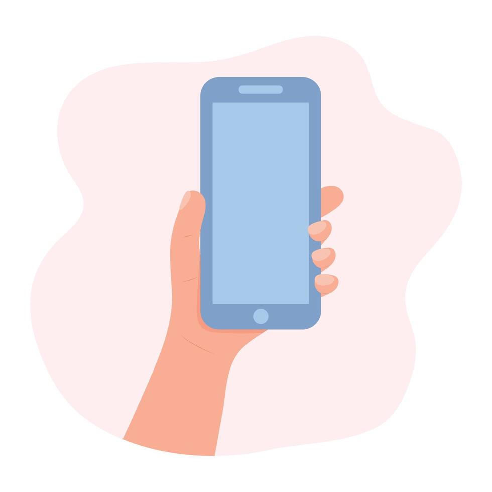 Hand holding smartphone with blank screen. Flat design in pastel colors. vector