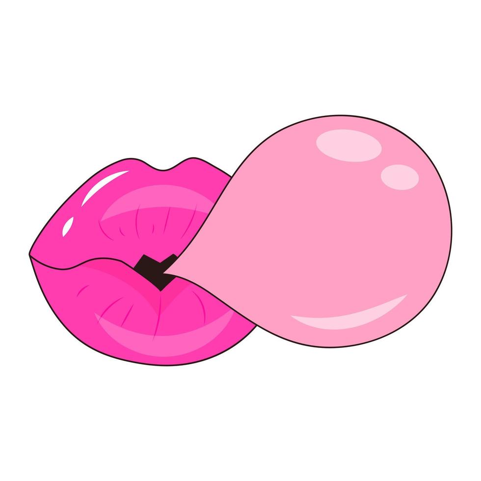 sexy lustroso labios con goma burbuja en popular Arte estilo. hembra boca infla un burbuja de masticación chicle. vector