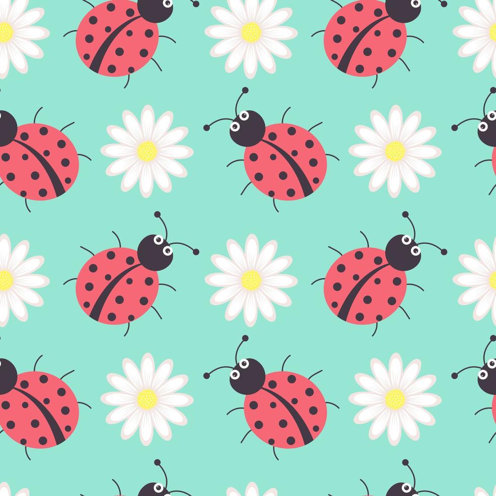 Seamless pattern with ladybugs and chamomiles on pastel green background. vector