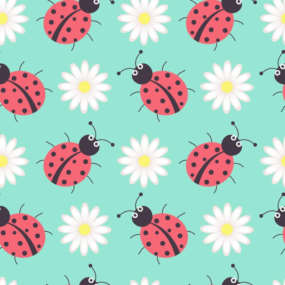 Seamless pattern with ladybugs and chamomiles on pastel green background. vector