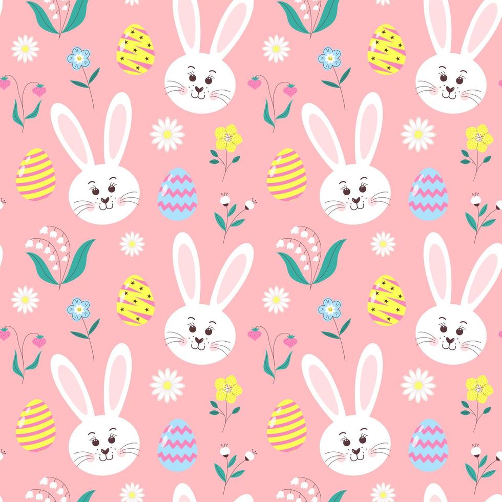 Seamless pattern with Easter eggs, bunny head, daisies, flowers and berries on pastel pink background. vector