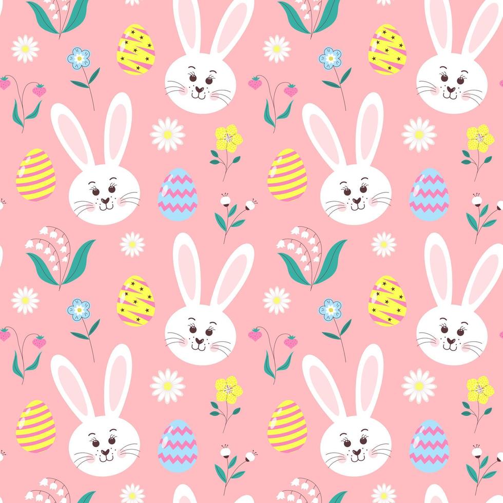 Seamless pattern with Easter eggs, bunny head, daisies, flowers and berries on pastel pink background. vector