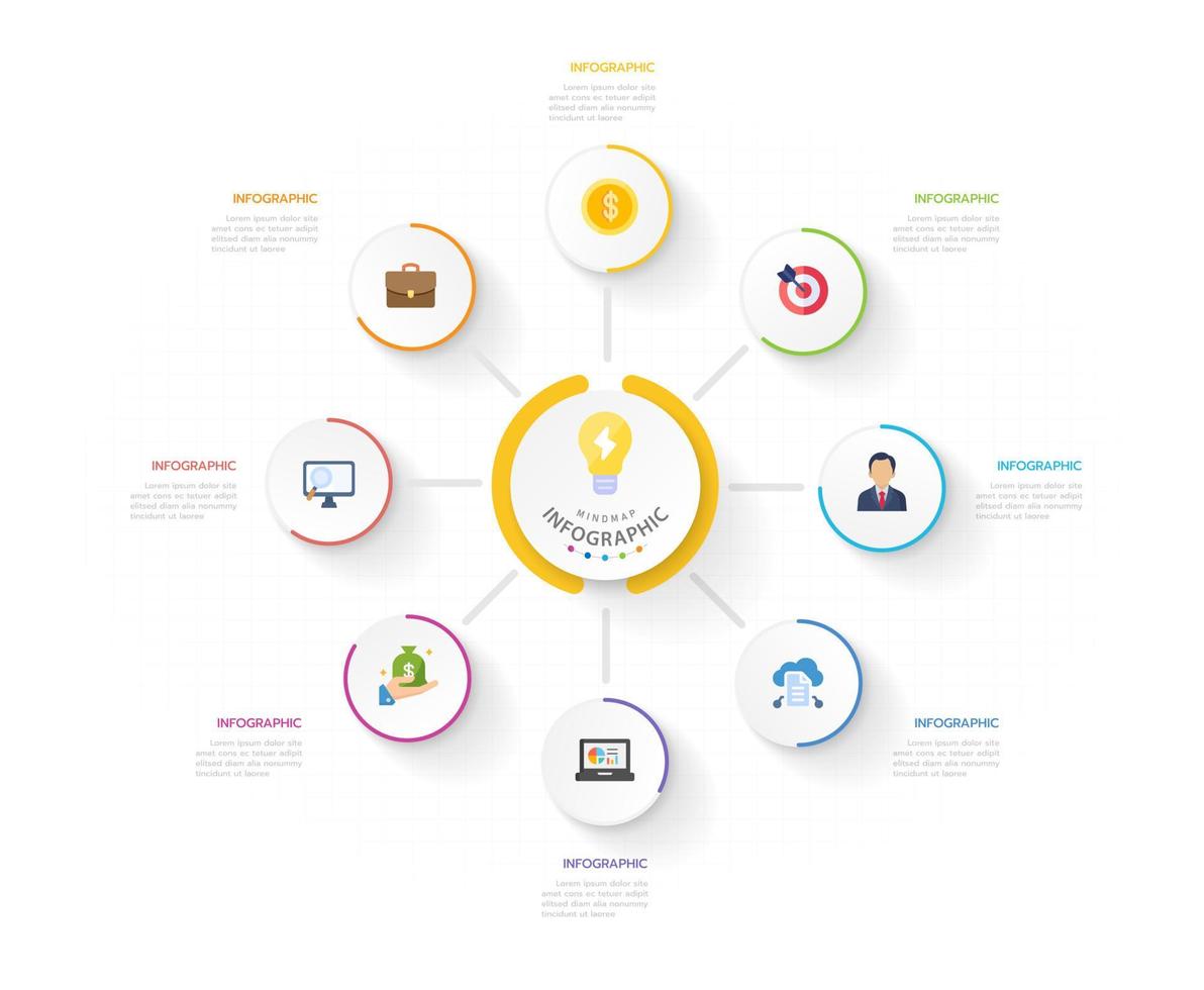 infografía modelo para negocio. 8 pasos moderno mapa mental diagrama con porcentaje circulo temas, presentación vector infografía.