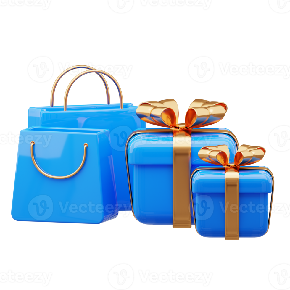 3d Blau Geschenk Box mit Einkaufen Tasche png