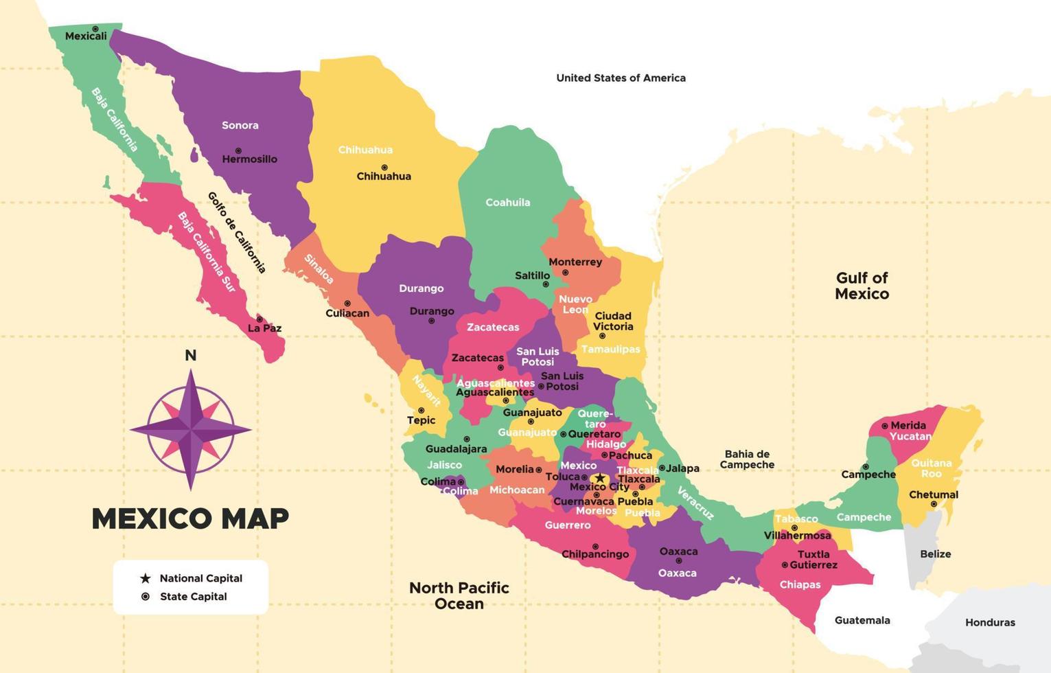 mapa de mexico con rodeando fronteras vector