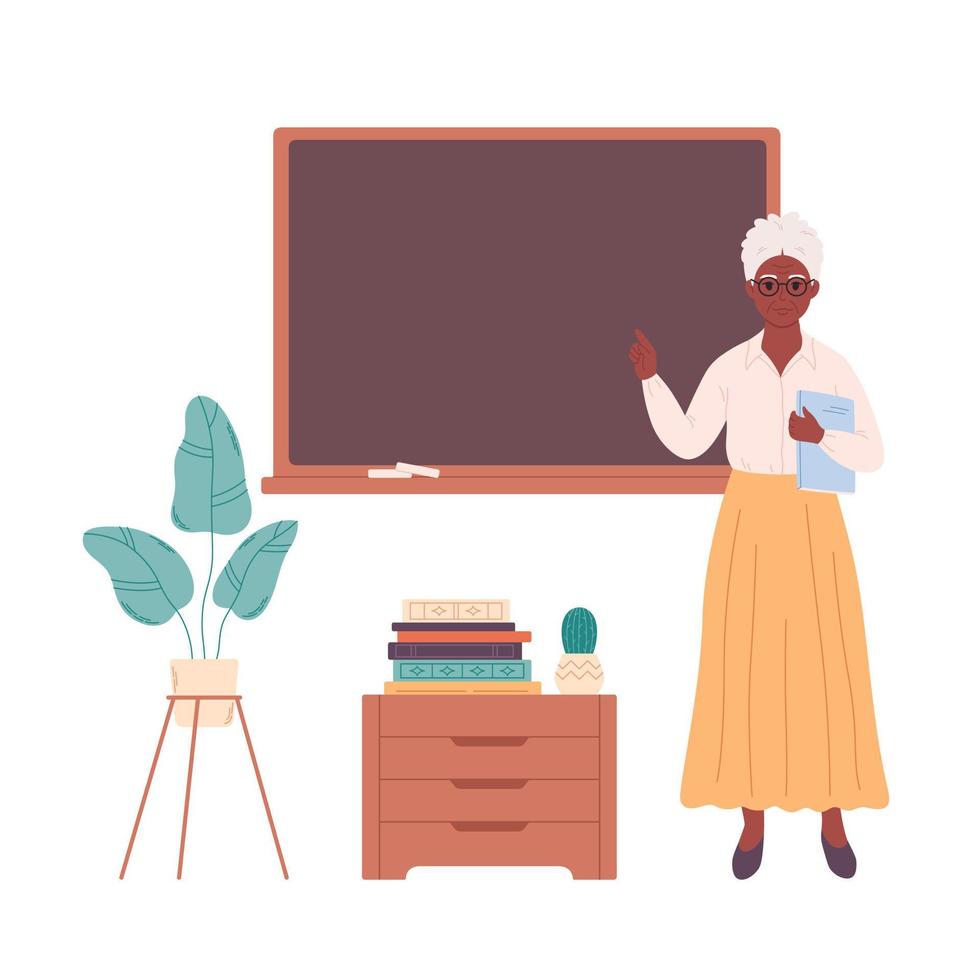 Old black female teacher at classroom near blackboard. Education, lecture and lesson at school. vector