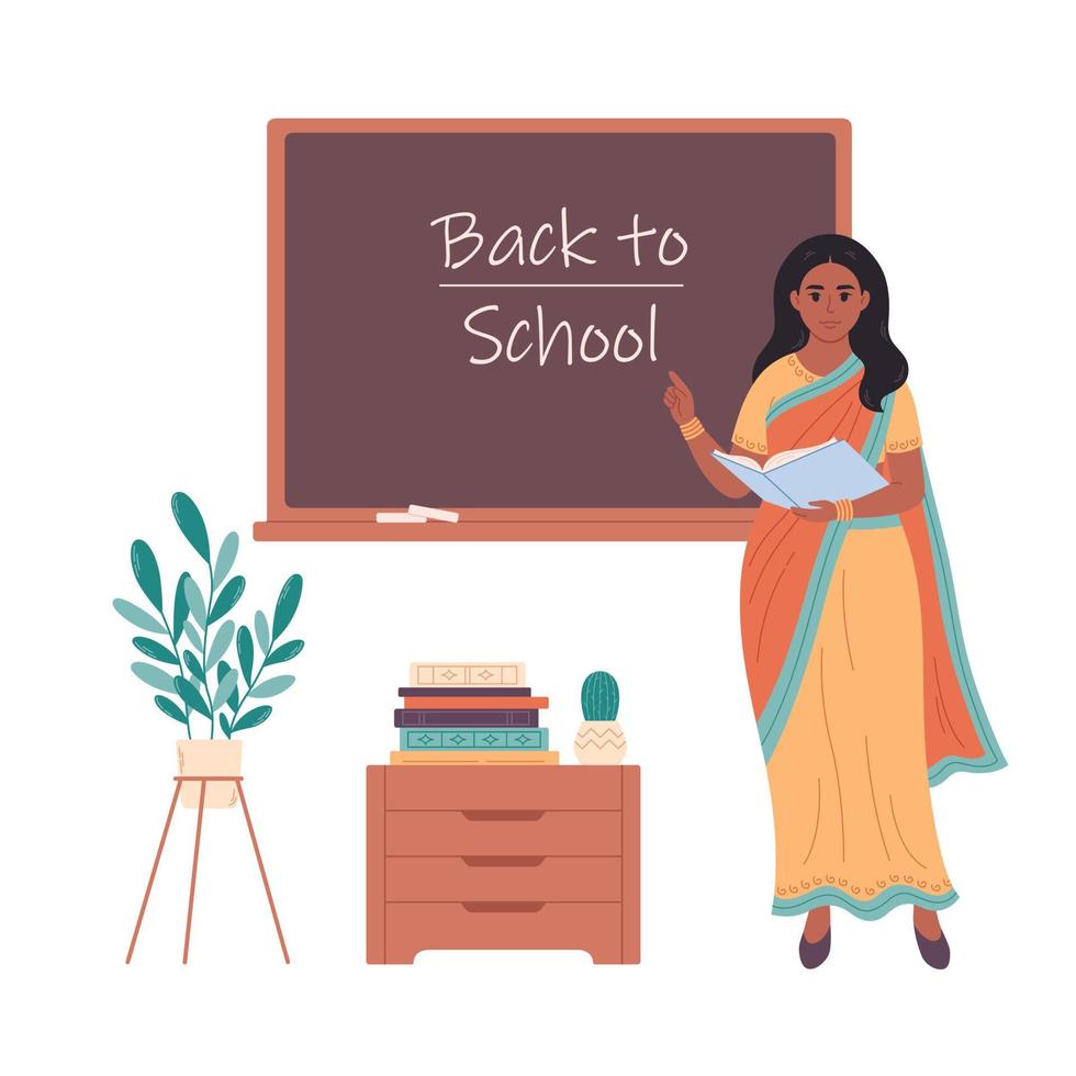 Indian female teacher at classroom near blackboard. Back to school. Education, lecture and lesson at school. vector
