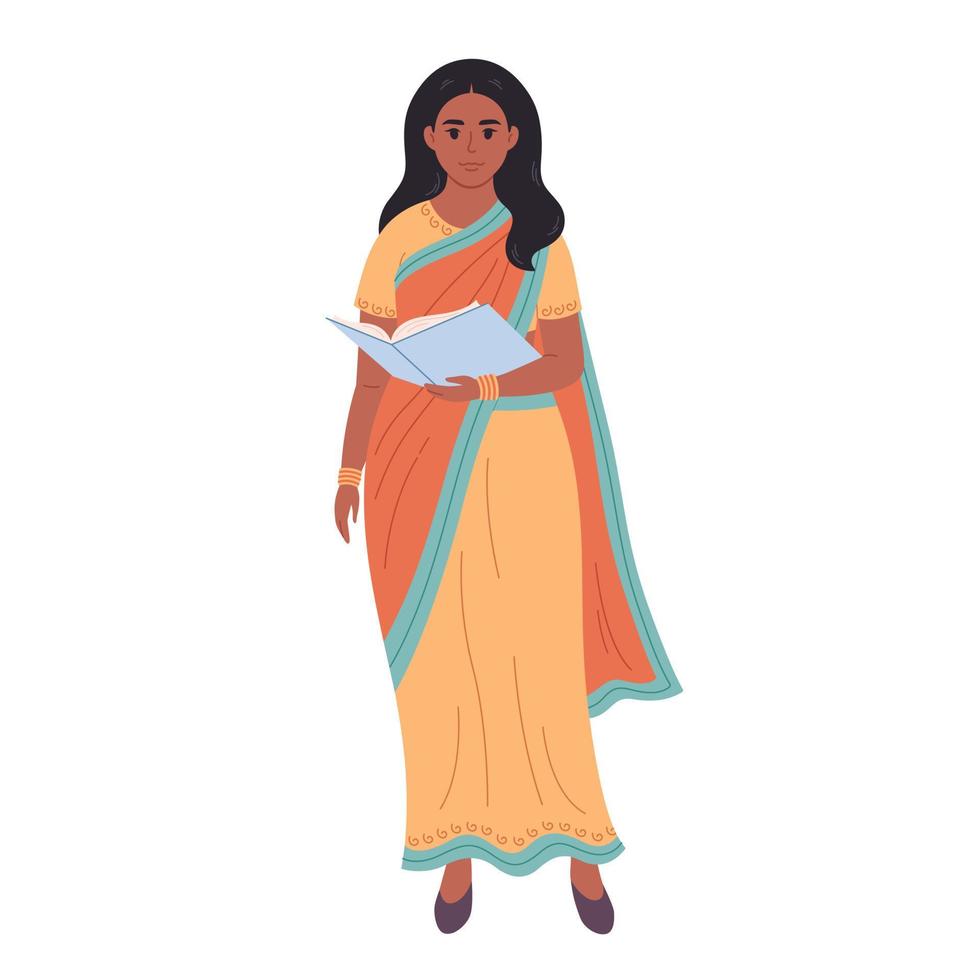 Indian woman with book. School teacher, librarian, business woman. vector