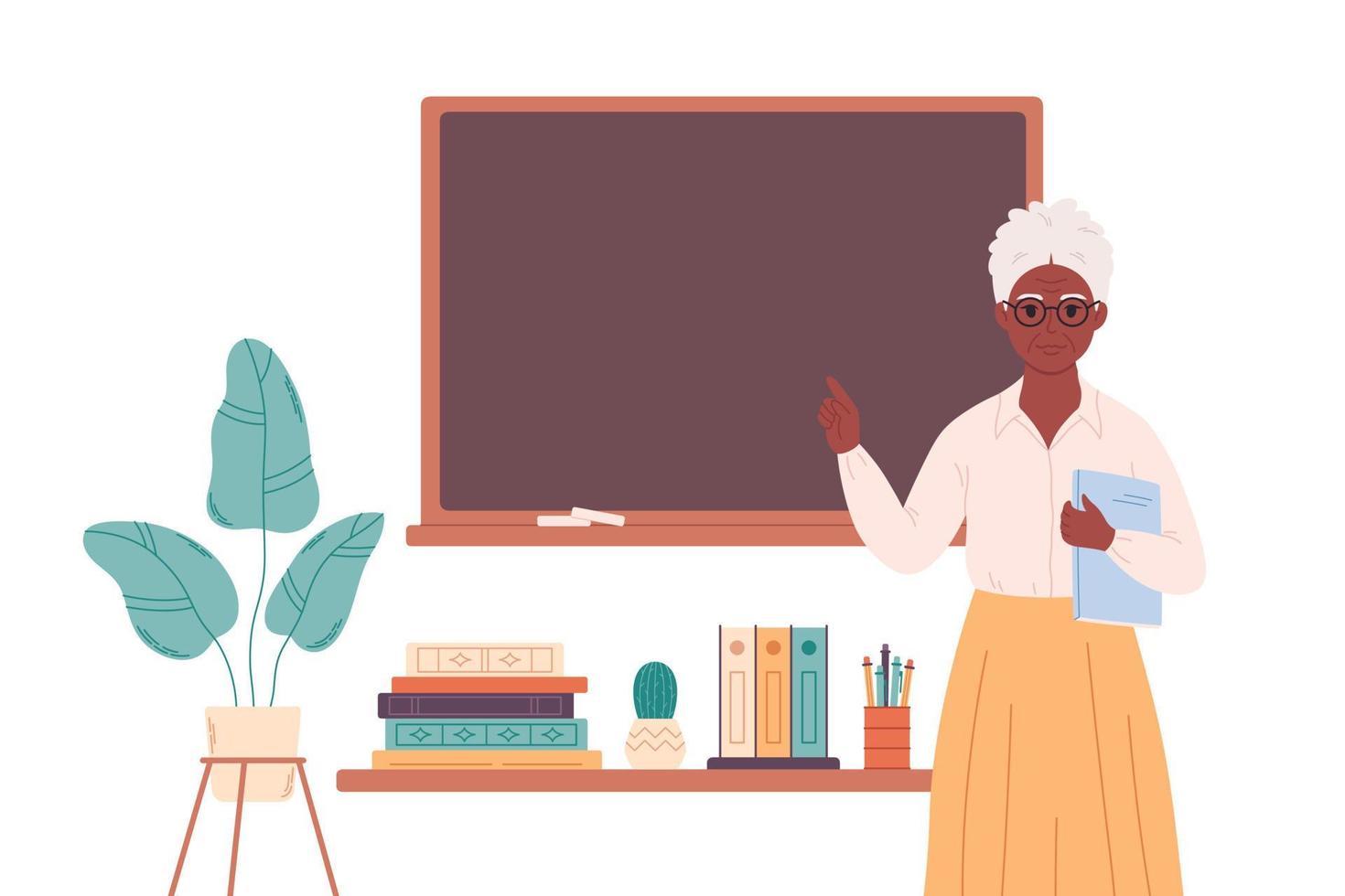 Old black female teacher at classroom near blackboard. Education, lecture and lesson at school. vector