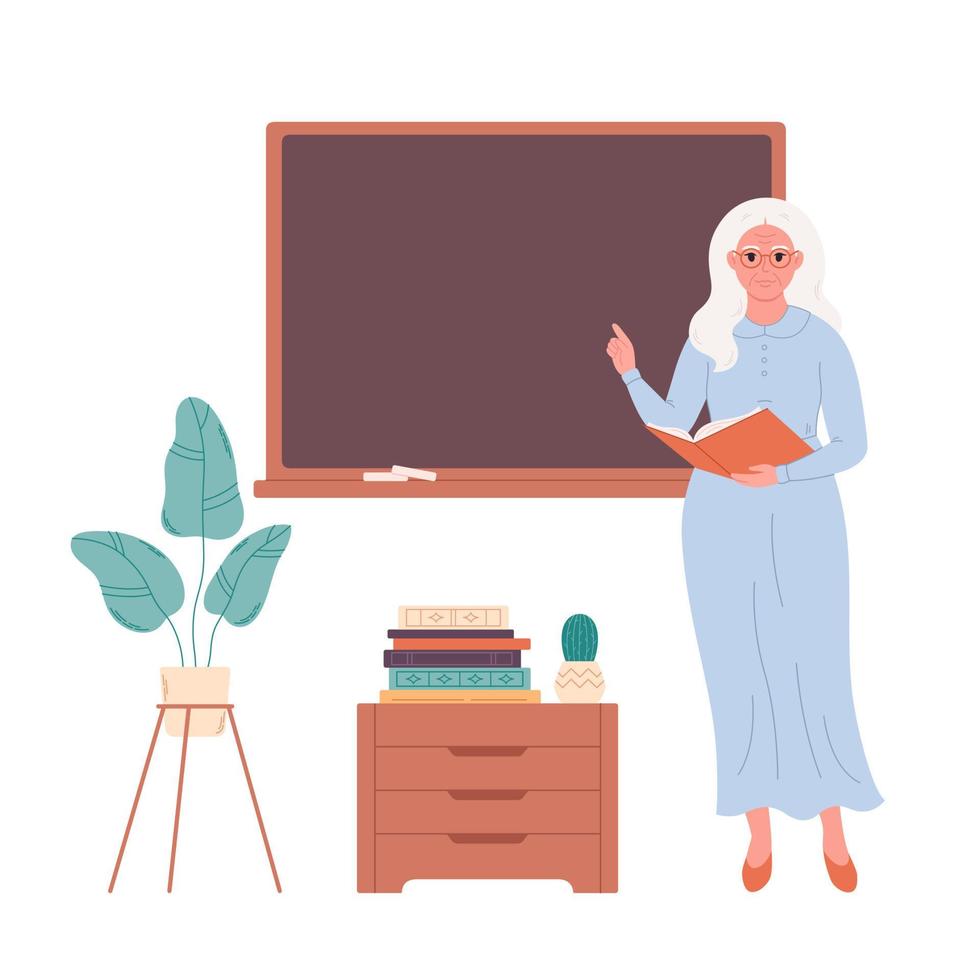 Old female teacher at classroom near blackboard. Education, lecture and lesson at school. vector