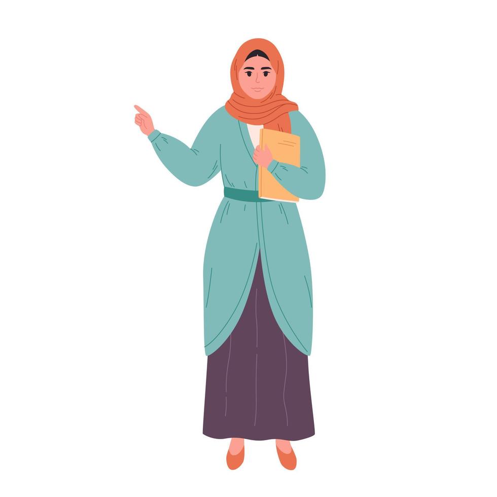 musulmán mujer en hijab con libro. colegio maestro, bibliotecario, negocio mujer. vector