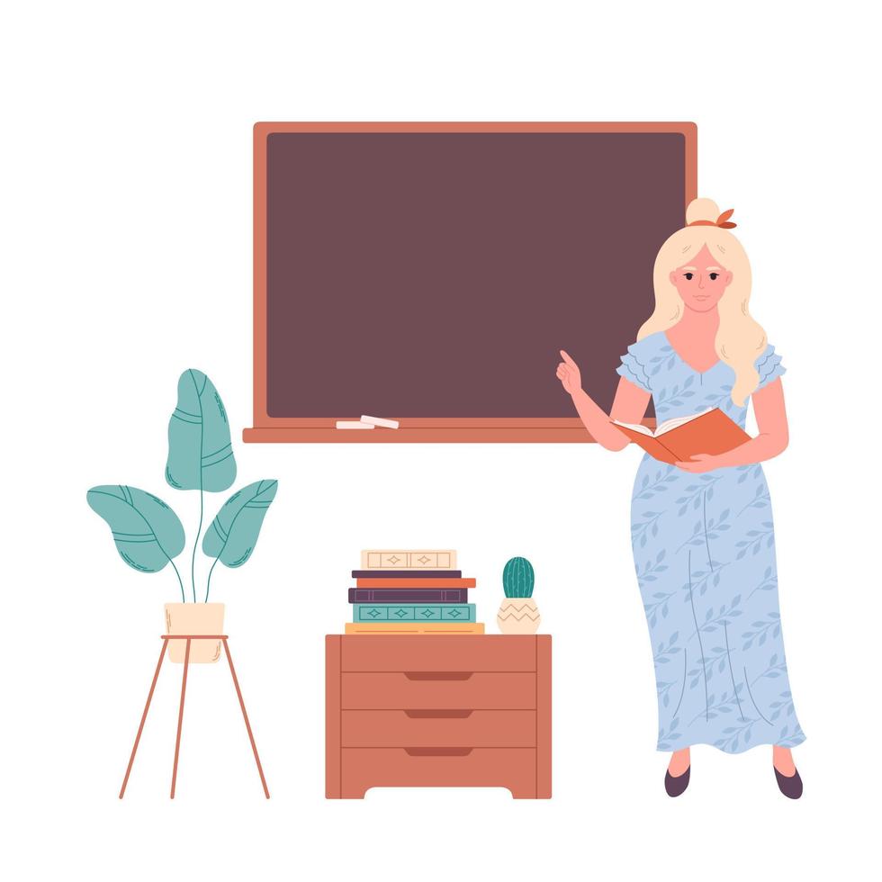 Female teacher at classroom near blackboard. Education, lecture and lesson at school. vector