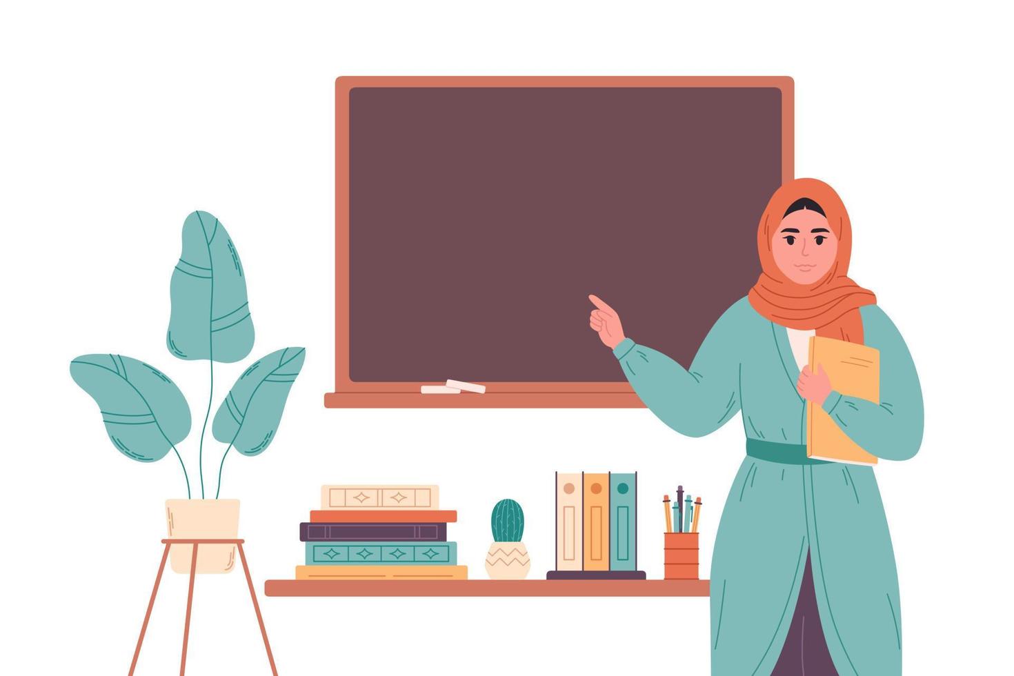 Muslim female teacher at classroom near blackboard. Education, lecture and lesson at school. vector