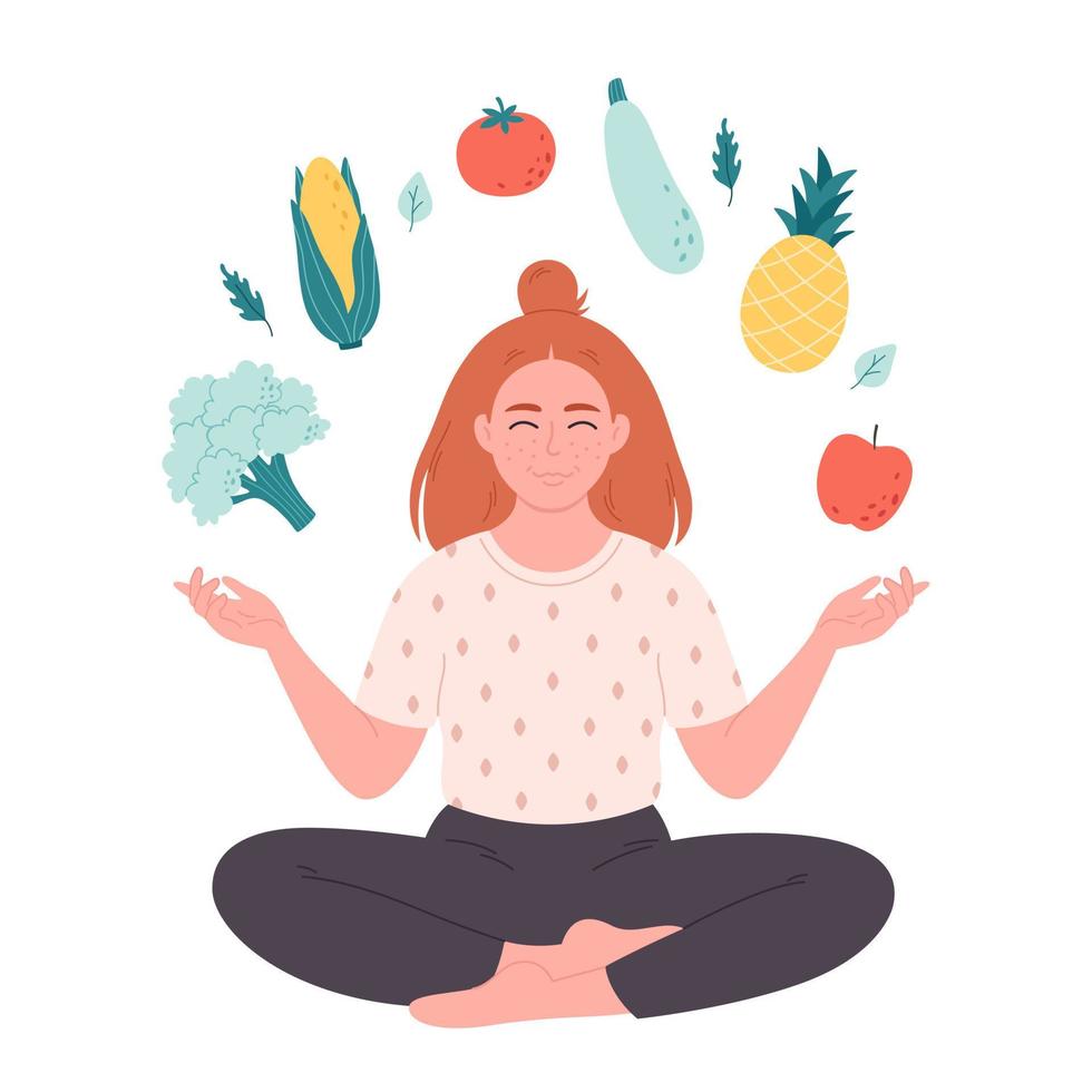 Woman with vegetables and fruits. Healthy food, proper nutrition, vegetarian and vegan concept vector