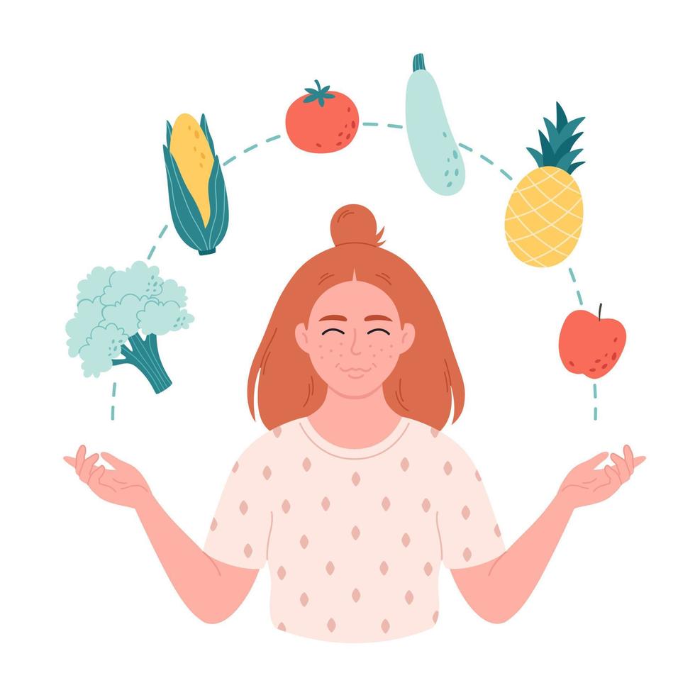 mujer con vegetales y frutas sano alimento, apropiado nutrición, vegetariano y vegano concepto vector