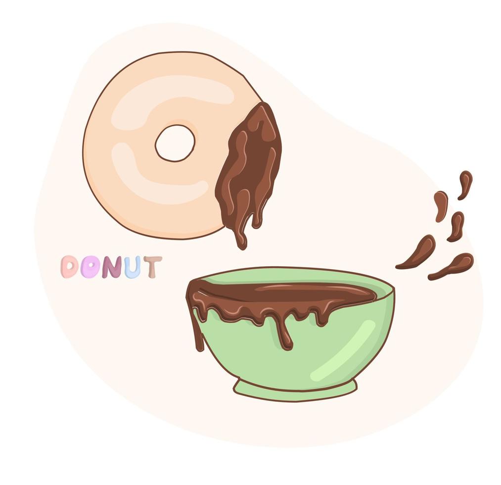 NATIONAL DONUT DAY.glazed sweet donut. Draw funny american kawaii traditional sweet donut vector illustration. American traditional food, cooking, menu concept. Doodle in cartoon style.