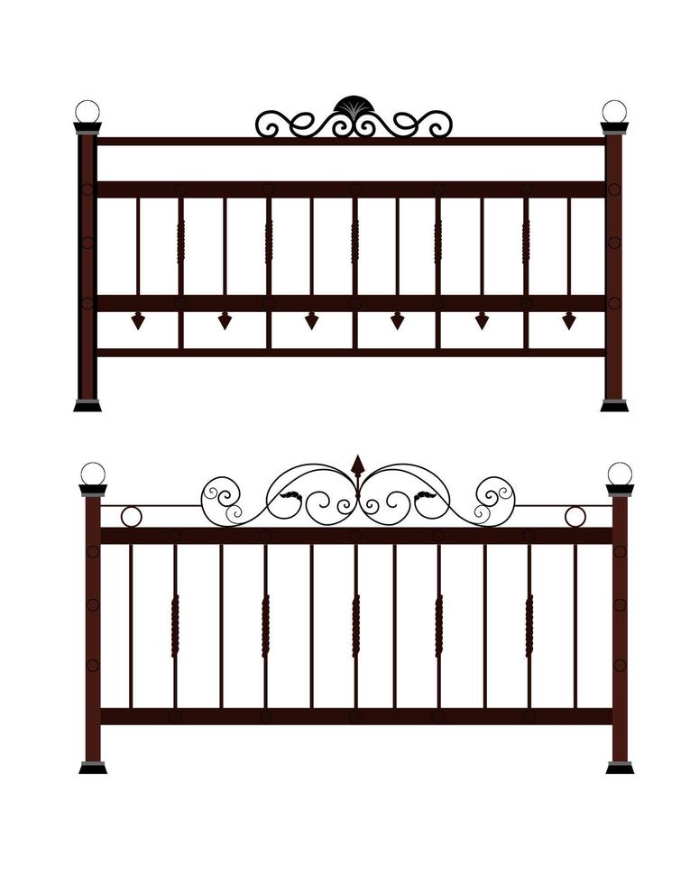 Decorative fences and gates. Set of vintage wrought metal fences with gates. Isolated black silhouette on white background. Vector