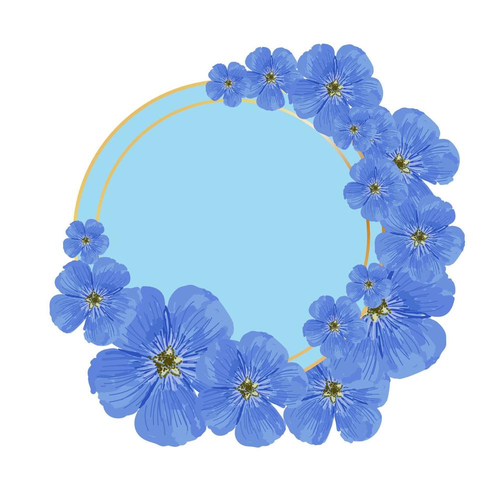 Round badge with flowers. Place to insert text. Greeting card or sticker. Pink flowers on a blue background. Gold edging. vector