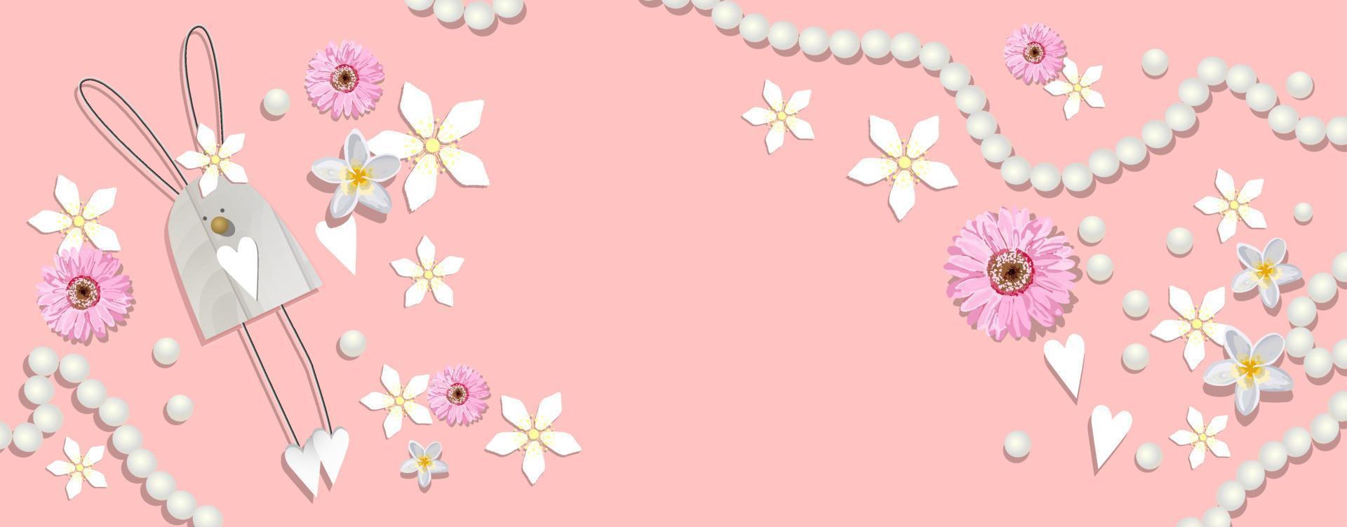 Horizontal Easter banner. Pink background with flowers and rabbit. Pearl garland. Easter background for the inscription. vector