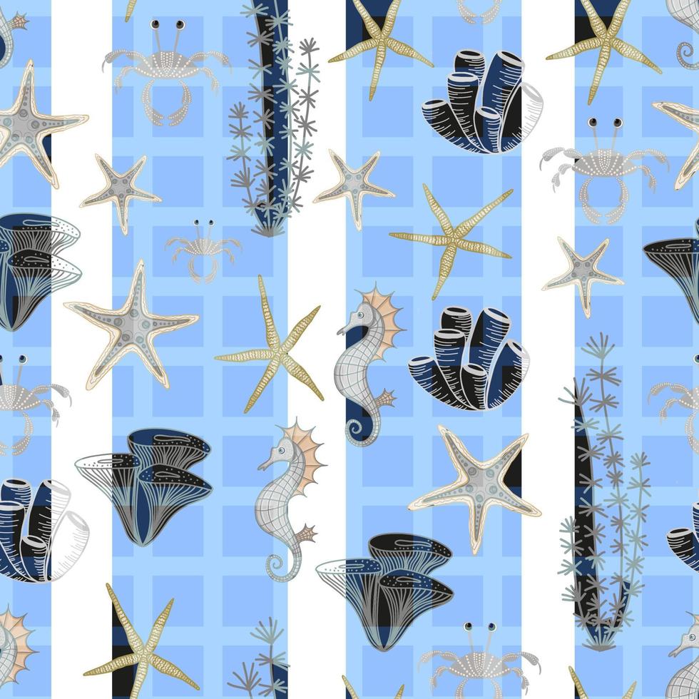 Seamless pattern in marine style. Sea stars on a blue background. Ocean and underwater world. Cool trendy summer pattern. vector