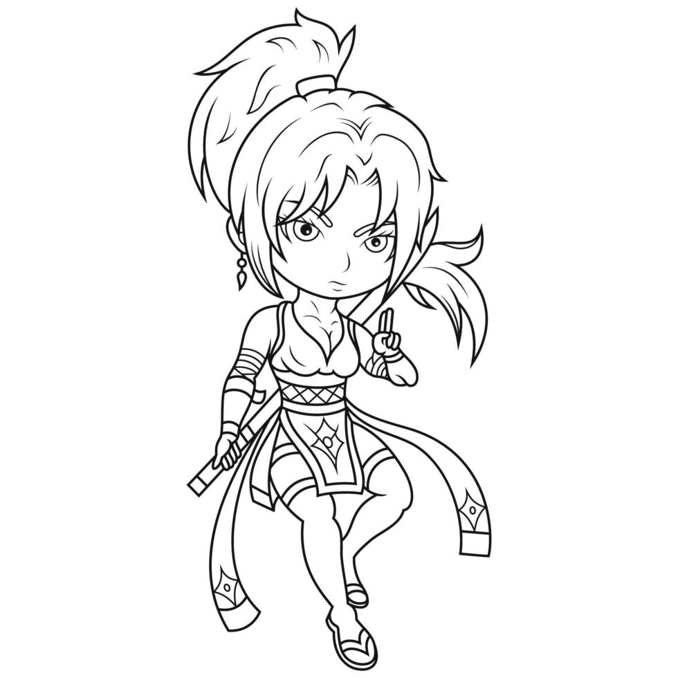 A line drawing of a ninja girl with a sword in her hand vector