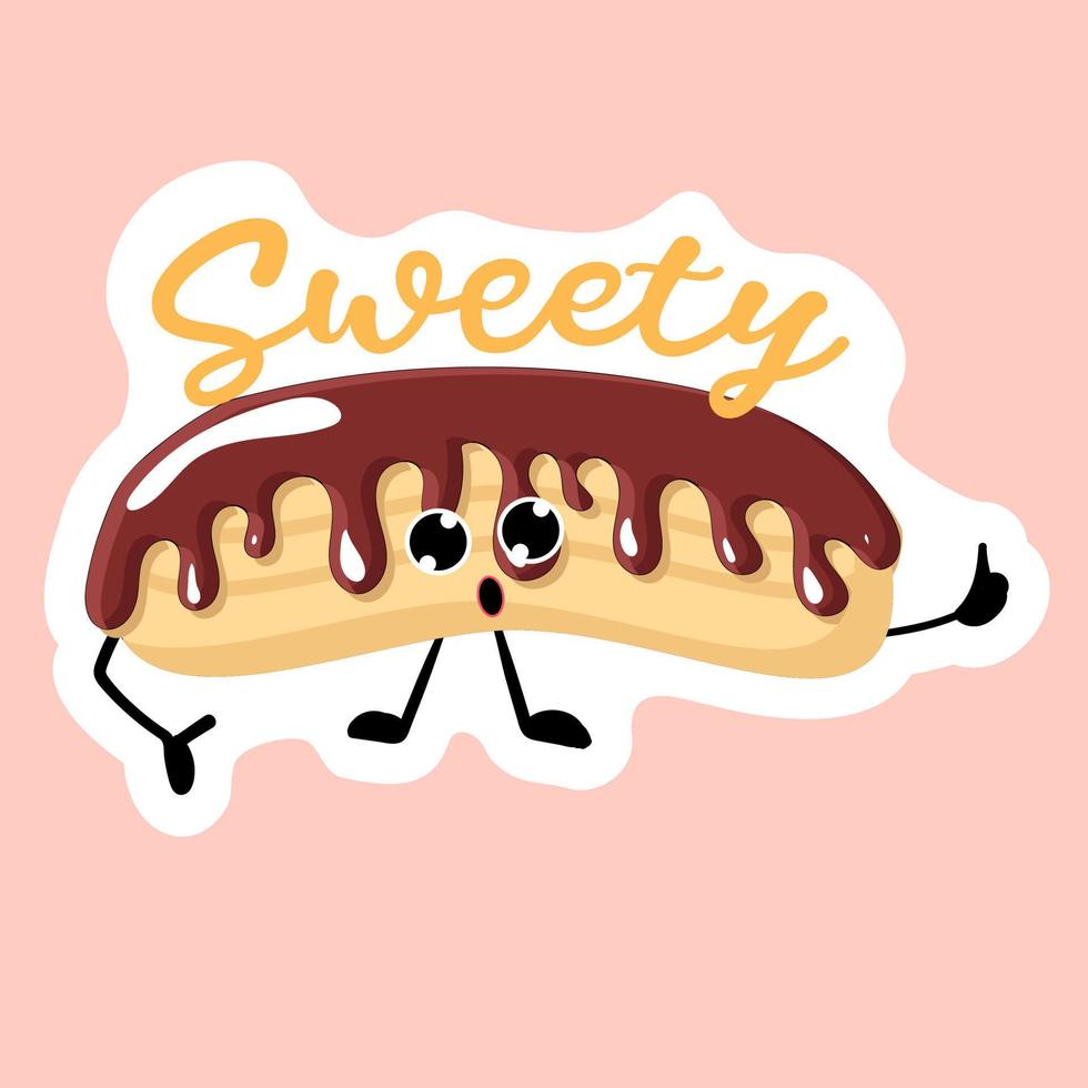 Sweetie sticker. eclair with chocolate icing. Bakery logo. Vector illustration of bakery and pastry.Eclair cartoon character