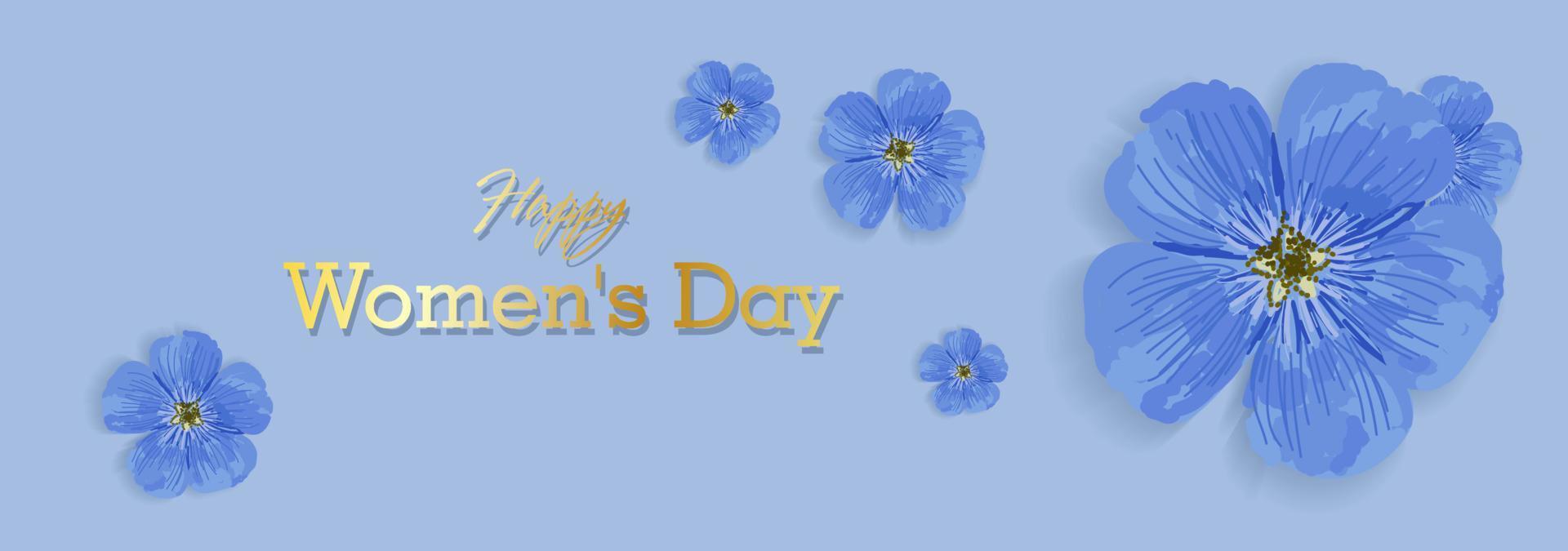 Horizontal holiday banner for Women's Day. International Women's Day. Blue elegant flyer. Greeting card. Purple field flower. vector