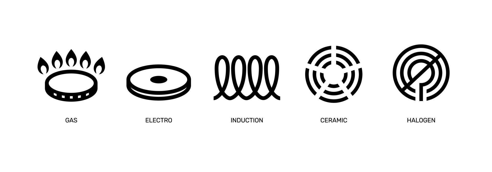 Simple icon set electro, gas, induction, ceramic and halogen cooking.eps vector