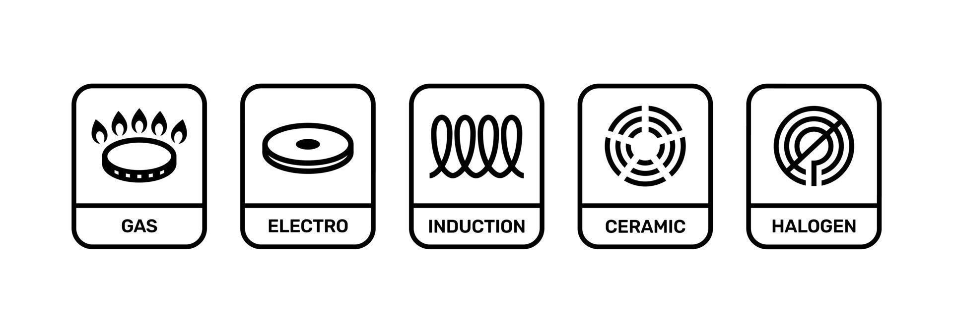 línea icono conjunto electro, gas, inducción, cerámico y halógeno cocina.eps vector