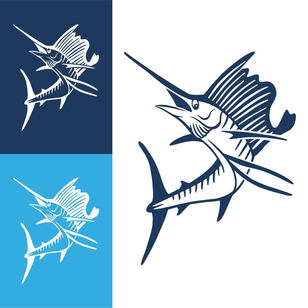 Hand Drawn Marlin fish jump. Design elements for logo, label, emblem, sign, brand mark. Vector illustration.