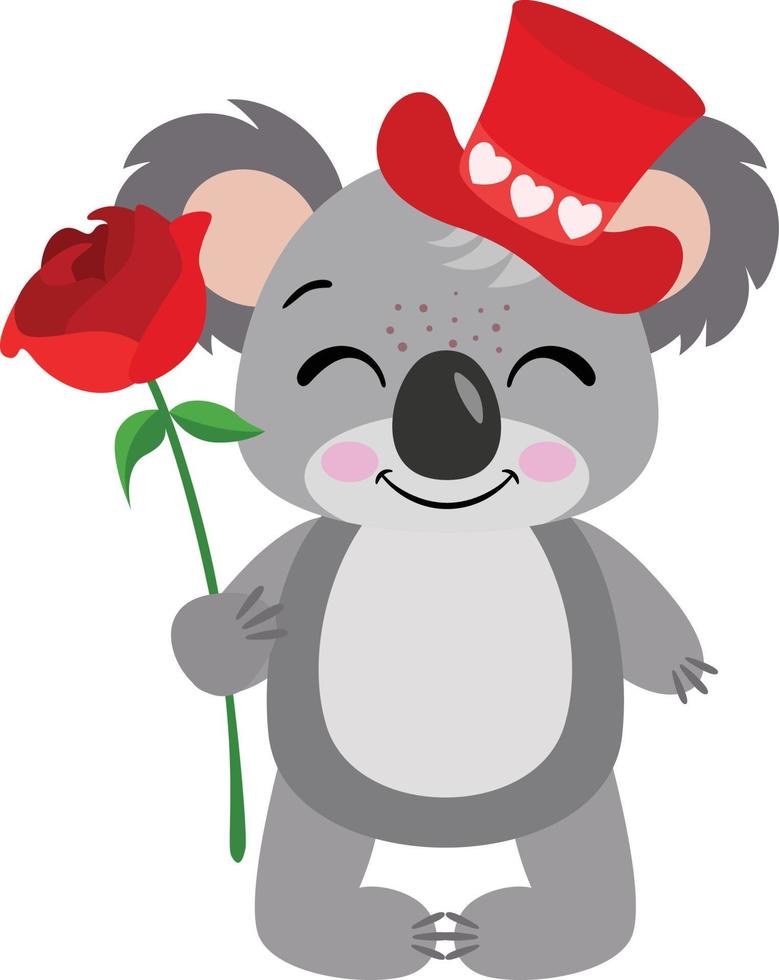 Valentine koala with red hat holding a red rose vector