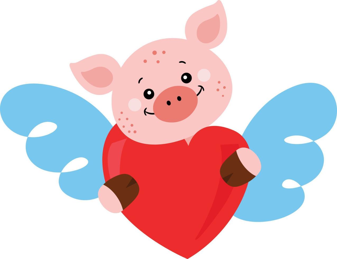 Cute pig holding a red heart with wings vector