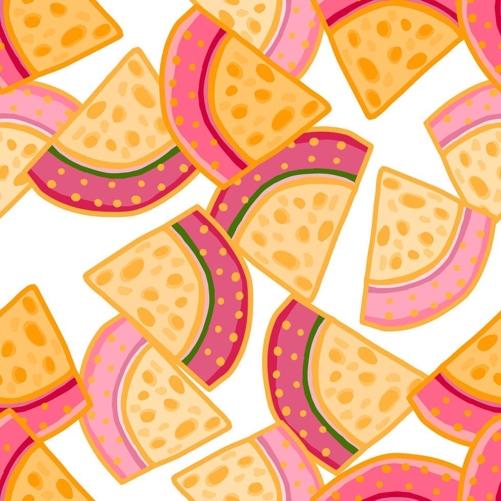 Hand drawn watermelon slices seamless pattern. Funny fruit backdrop. vector
