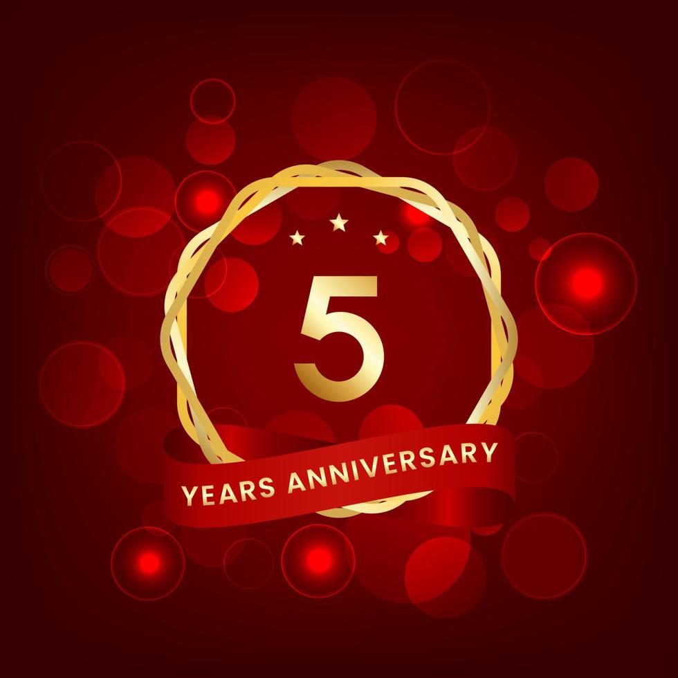 5 years anniversary. Anniversary template design with gold number and red ribbon, design for event, invitation card, greeting card, banner, poster, flyer, book cover and print. Vector Eps10