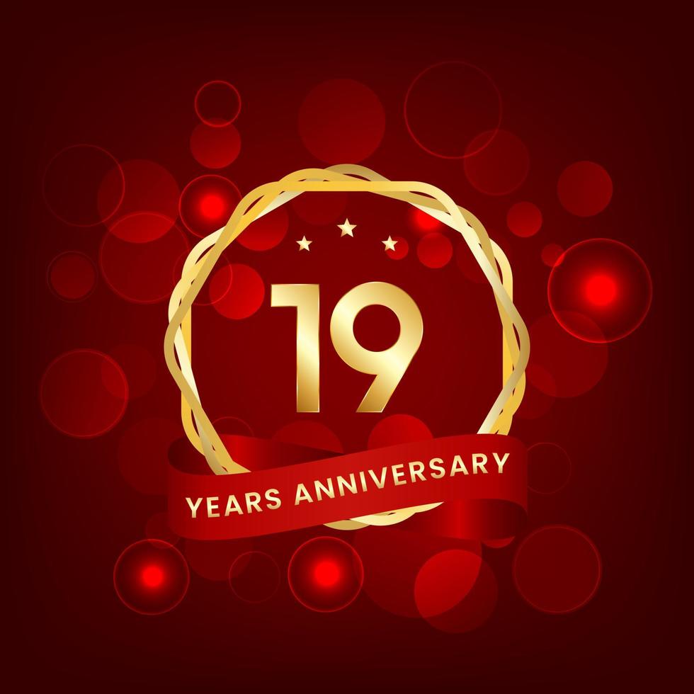 19 years anniversary. Anniversary template design with gold number and red ribbon, design for event, invitation card, greeting card, banner, poster, flyer, book cover and print. Vector Eps10