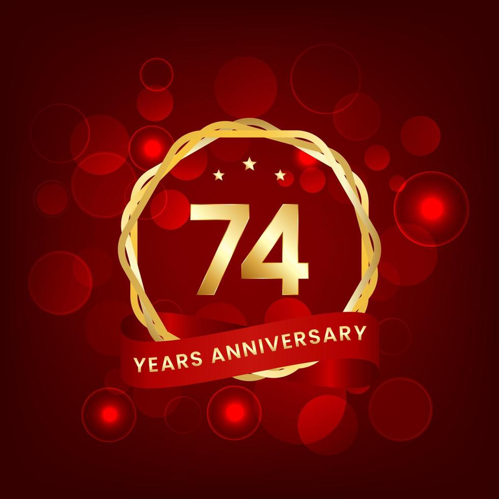 74 years anniversary. Anniversary template design with gold number and red ribbon, design for event, invitation card, greeting card, banner, poster, flyer, book cover and print. Vector Eps10