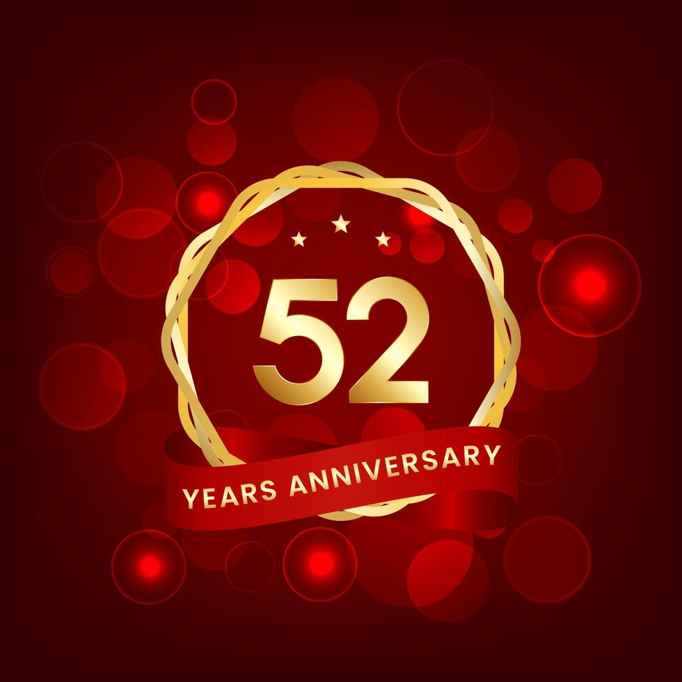 52 years anniversary. Anniversary template design with gold number and red ribbon, design for event, invitation card, greeting card, banner, poster, flyer, book cover and print. Vector Eps10