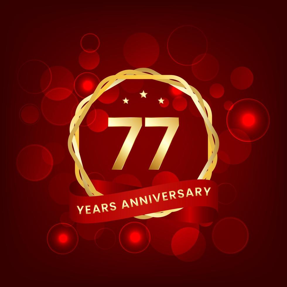 77 years anniversary. Anniversary template design with gold number and red ribbon, design for event, invitation card, greeting card, banner, poster, flyer, book cover and print. Vector Eps10