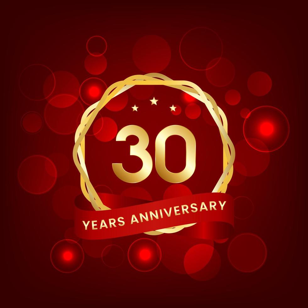 30 years anniversary. Anniversary template design with gold number and red ribbon, design for event, invitation card, greeting card, banner, poster, flyer, book cover and print. Vector Eps10
