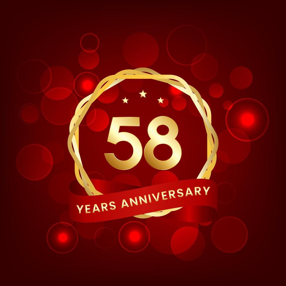 58 years anniversary. Anniversary template design with gold number and red ribbon, design for event, invitation card, greeting card, banner, poster, flyer, book cover and print. Vector Eps10