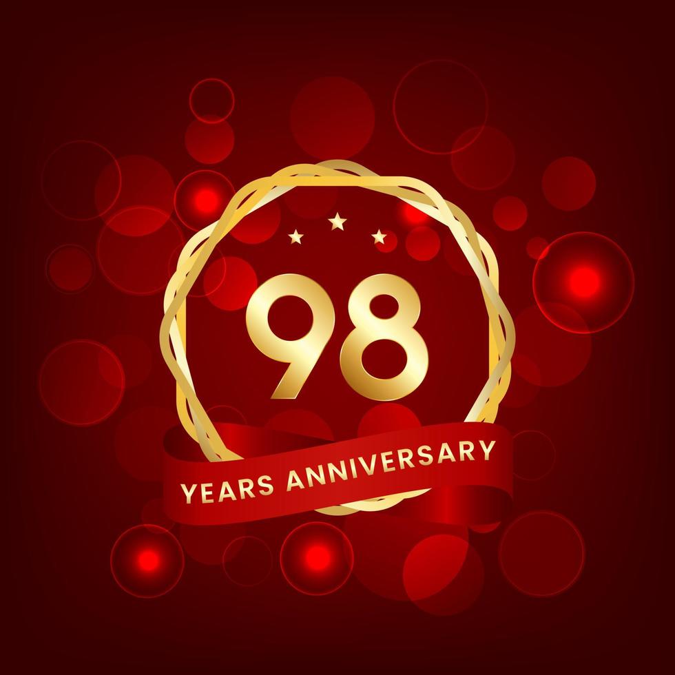 98 years anniversary. Anniversary template design with gold number and red ribbon, design for event, invitation card, greeting card, banner, poster, flyer, book cover and print. Vector Eps10