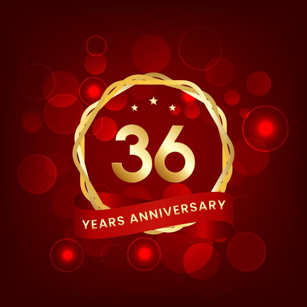 36 years anniversary. Anniversary template design with gold number and red ribbon, design for event, invitation card, greeting card, banner, poster, flyer, book cover and print. Vector Eps10