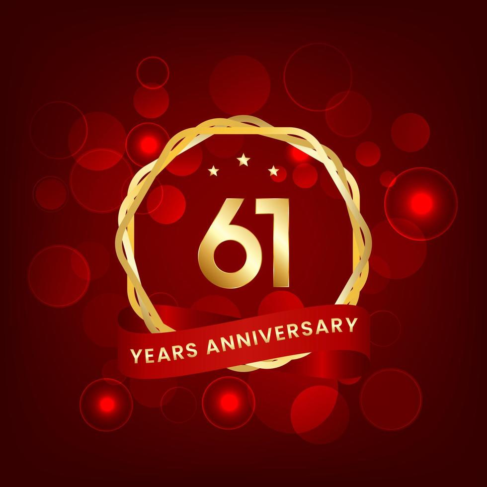 61 years anniversary. Anniversary template design with gold number and red ribbon, design for event, invitation card, greeting card, banner, poster, flyer, book cover and print. Vector Eps10