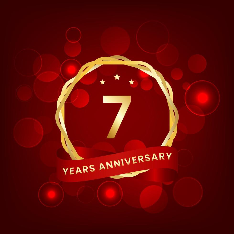 7 years anniversary. Anniversary template design with gold number and red ribbon, design for event, invitation card, greeting card, banner, poster, flyer, book cover and print. Vector Eps10